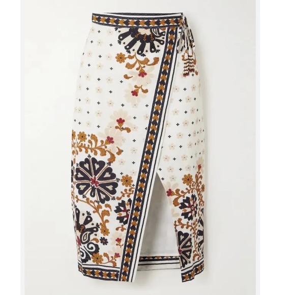 FARM Rio Dresses & Skirts - Farm Rio Cream Flower Fan Tapestry Printed Linen Wrap Midi Skirt Small Cream